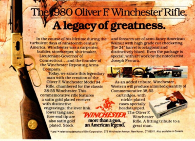 1980 OLIVER F WINCHESTER 38-55 RIFLE PRINT AD, GOLD PLATED
