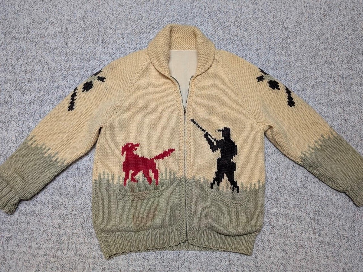 vintage COWICHAN sweater HUNTING cardigan 2XL wool knit 1950s