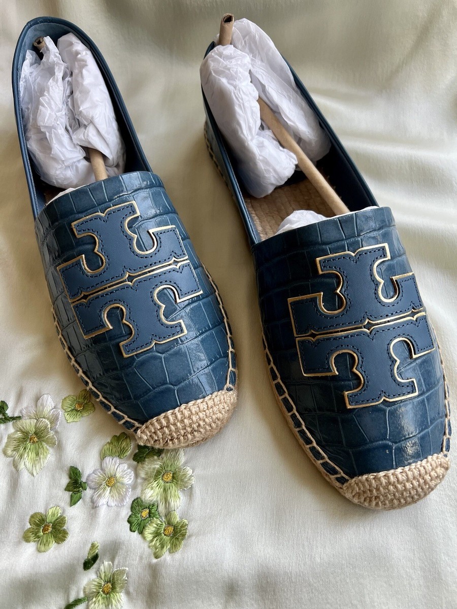 Tory Burch Ines Croc-Embossed Leather Espadrilles in Denim Blue