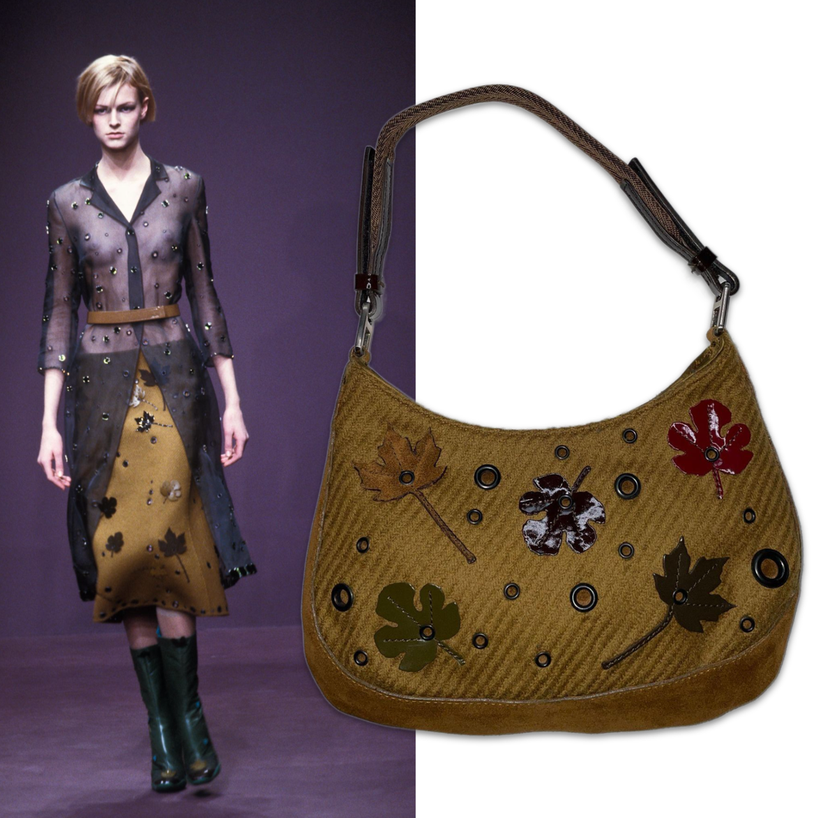 Prada Vintage Fall 1999 Rare Leaf Appliqué Wool Suede Mesh Small