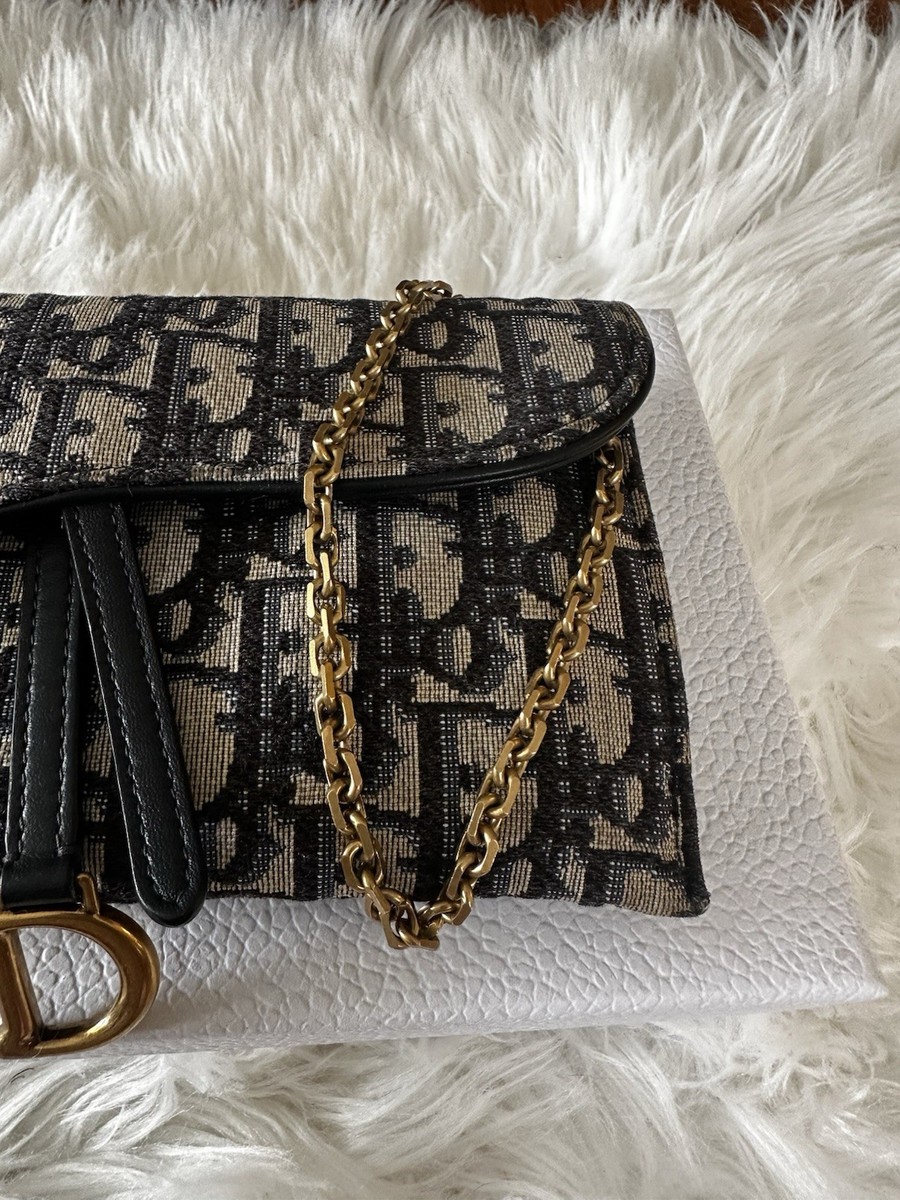 Dior Small Saddle Pouch with Chain Blue Dior Oblique Jacquard | eBay