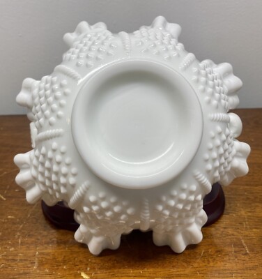 Vintage Fenton White Handled Milk Glass Hobnail Ruffled Edge