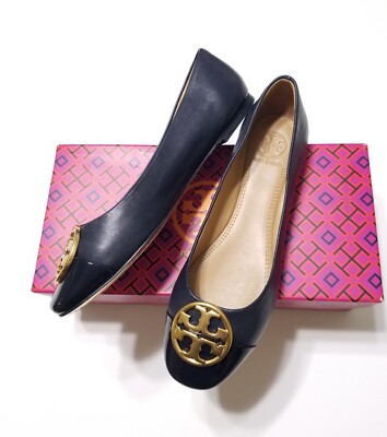 NIB Tory Burch Chelsea Cap-Toe Leather Ballet Flat, Perfect Navy