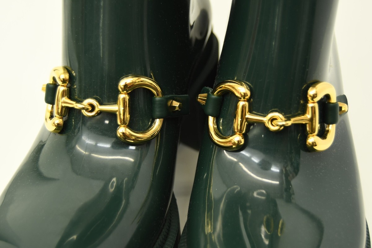 Authentic Gucci Long Rain Boots GP Green Snake Horsebit Womens