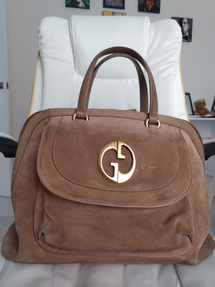 GUCCI 1973 Beige Brown Suede Large Top Handle Tote Boston Bag