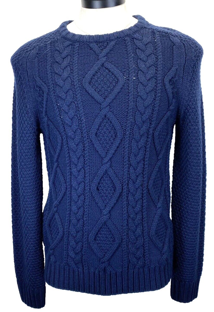 Lands End Sweater Men Sz S 34-36 Cable Knit Navy Blue Pullover