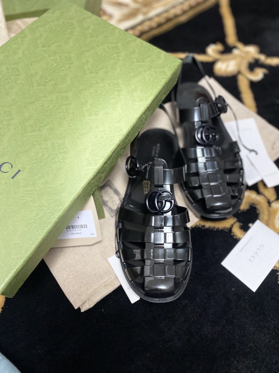 NEW AUTH Gucci 674132 BLACK RUBBER SHINY SANDALS SHOES FISHERMANS