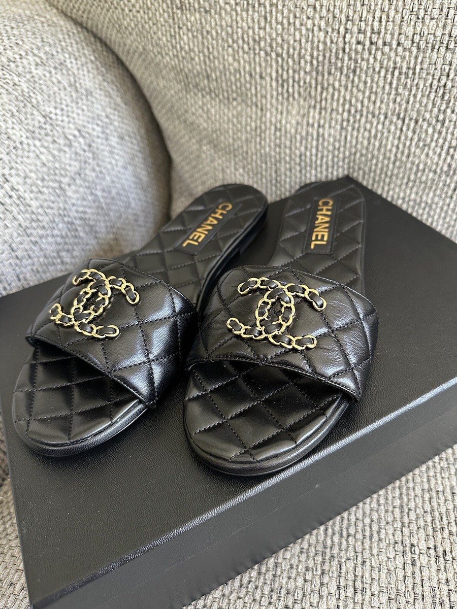 Size 36EU NEW CHANEL Black Chain Gold CC Logo Mules Slide Sandal w