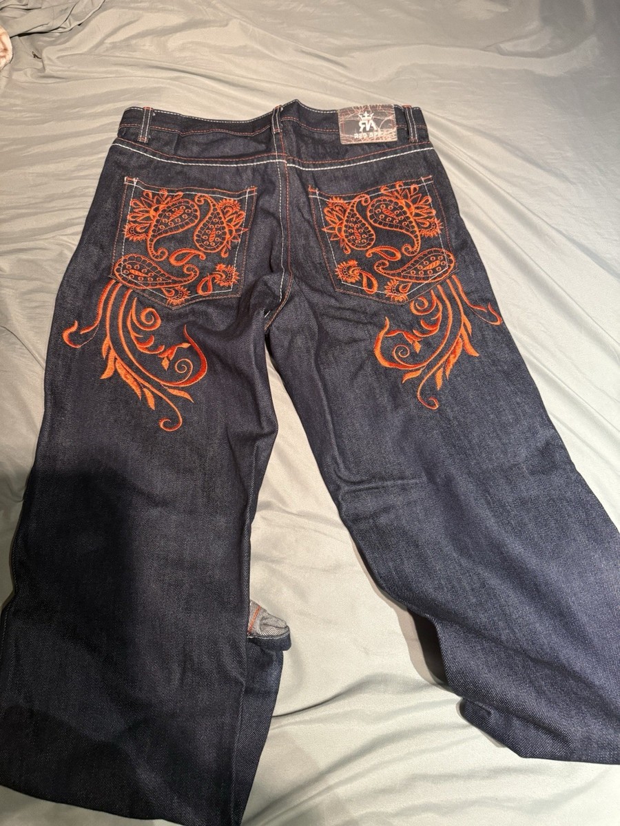 Vintage Y2K Red Ape Orange Embroidered Baggy Jeans Men's Size 34