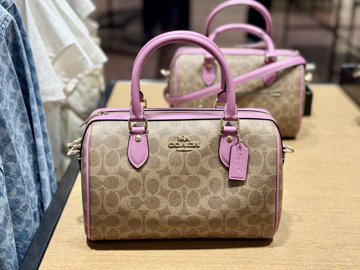 Coach Rowan Satchel Bag In Signature Canvas Tan/Fuchsia CV961 NWT