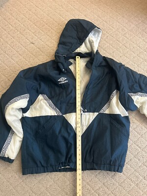 Vintage 90s Umbro XL Puffer Jacket Blue White Zip Off Hood