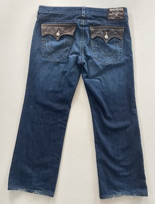 Men's True Religion Blue Denim Ricky Jeans Relaxed Brown Leather
