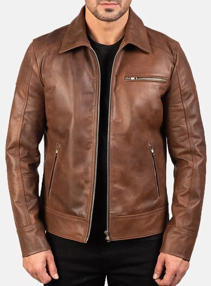Cafe Racer Men's Leather Jacket Moto Brown Genuine Sheep skin