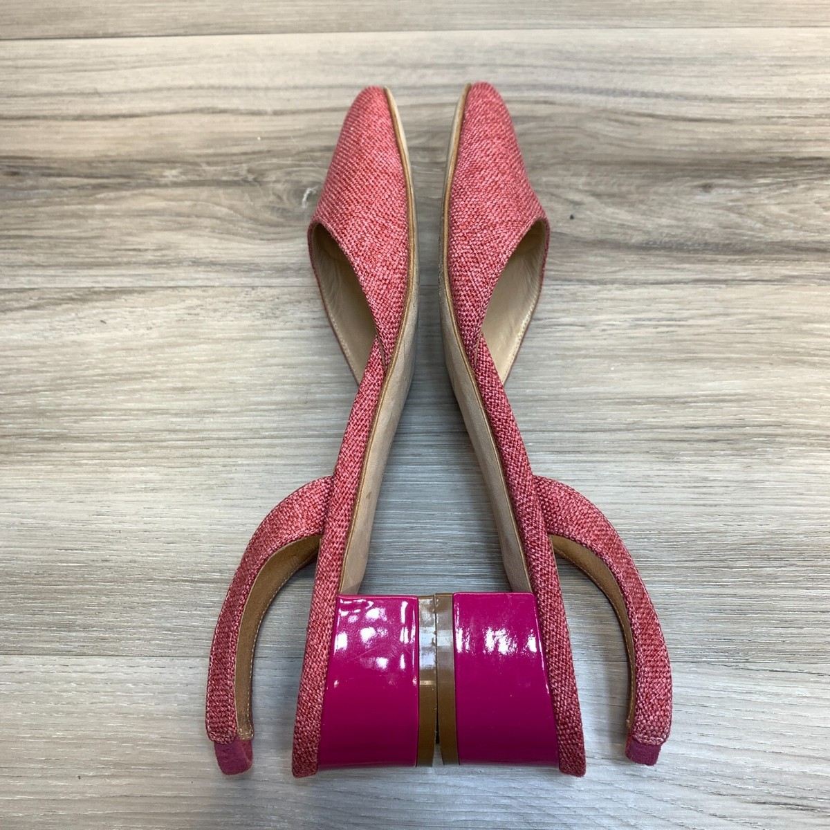 Manolo Blahnik Aspro Ballerina Slingback Pump Pink Linen Low Heel