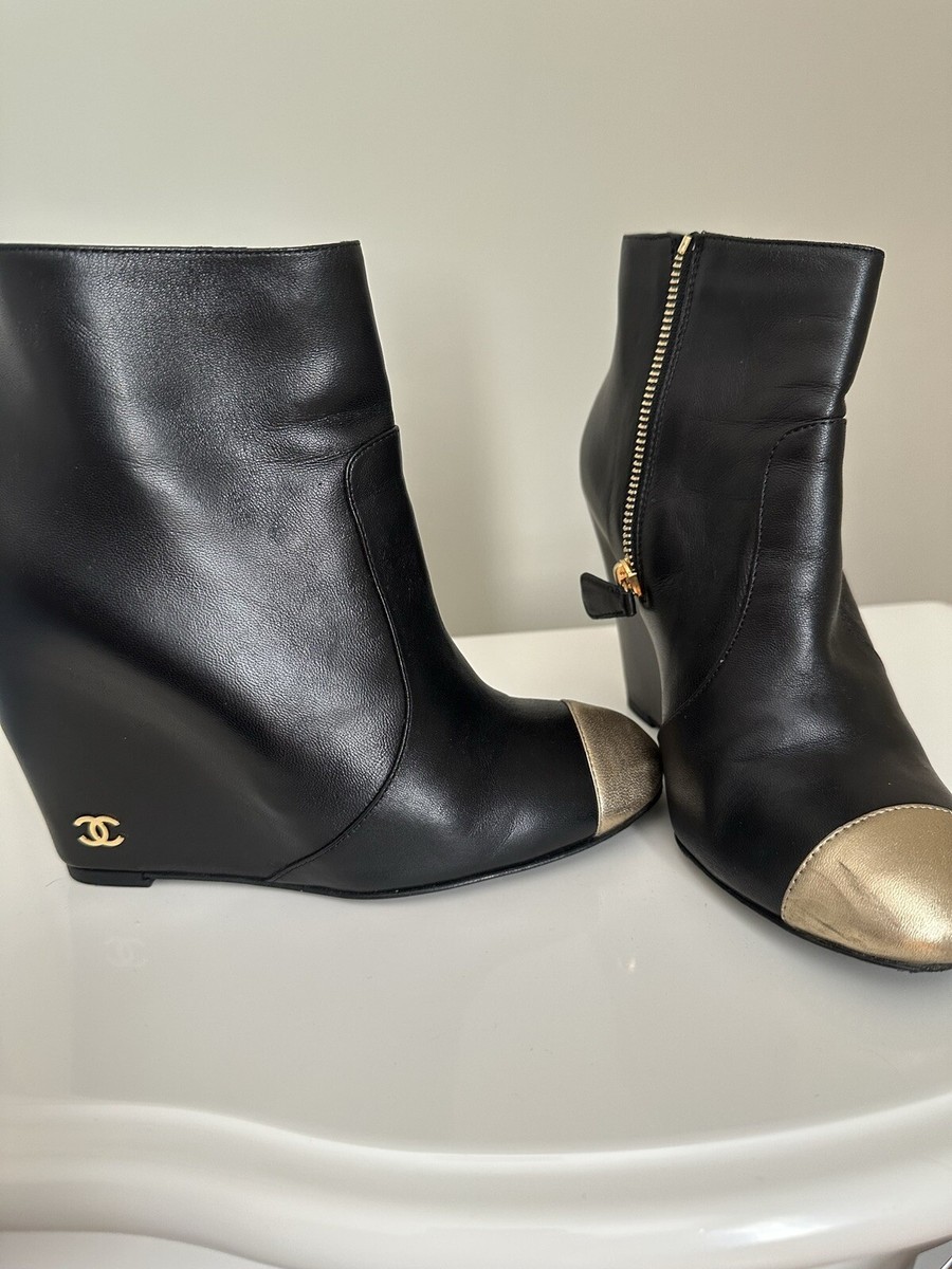 $1899 Chanel ankle booties boots wedges black gold toe 36 | eBay