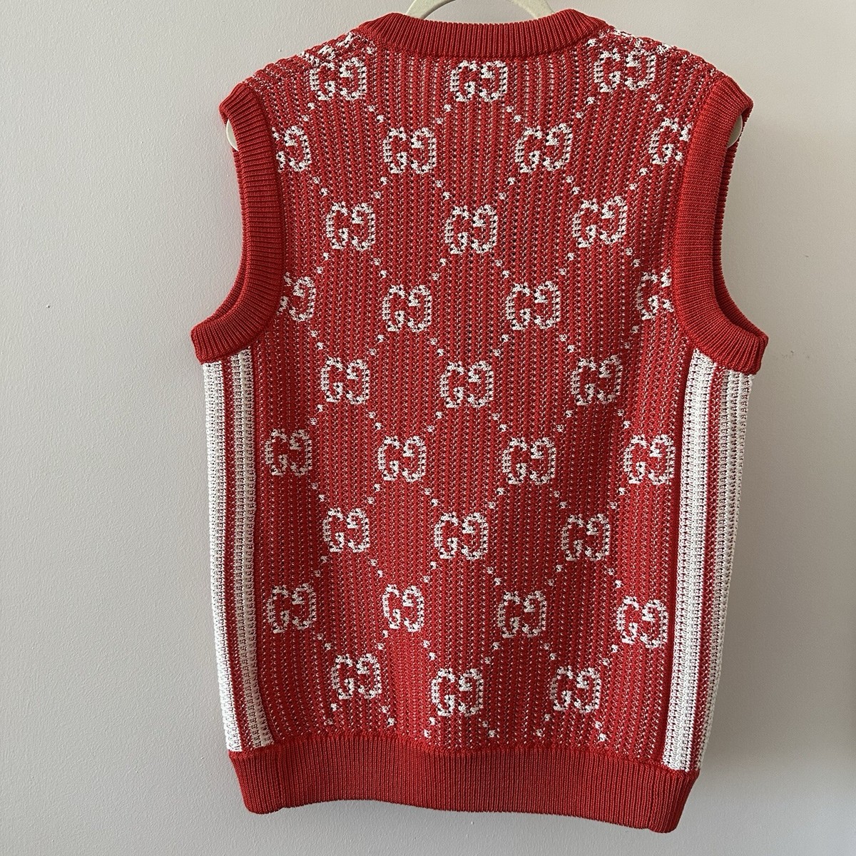 NWT Red GUCCI Vest GG cotton knit vest GG cotton jacquard knit