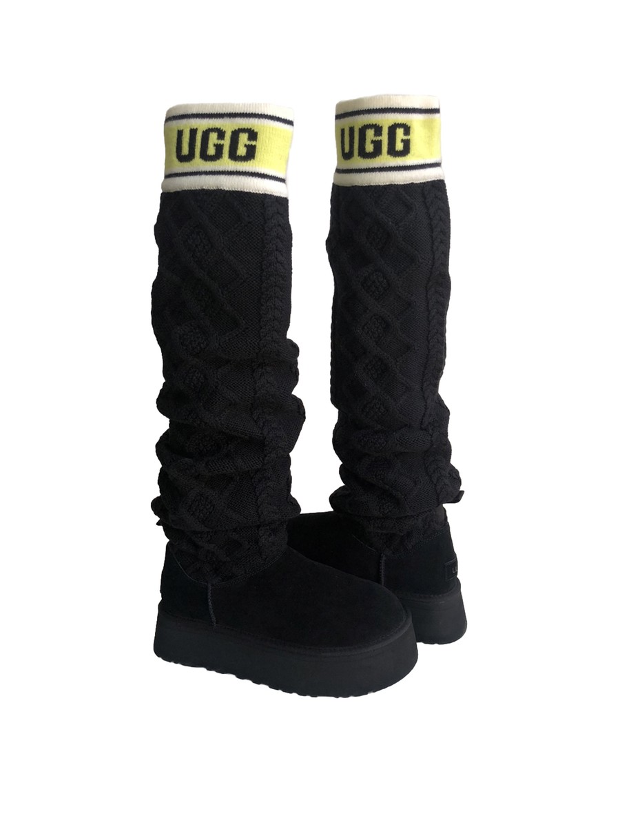 UGG CLASSIC SWEATER LETTER TALL BLACK PLATFORM KNIT BOOT sz US 8