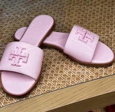 Tory Burch NIB Everly Slide Sandals Patent Leather Logo Petunia