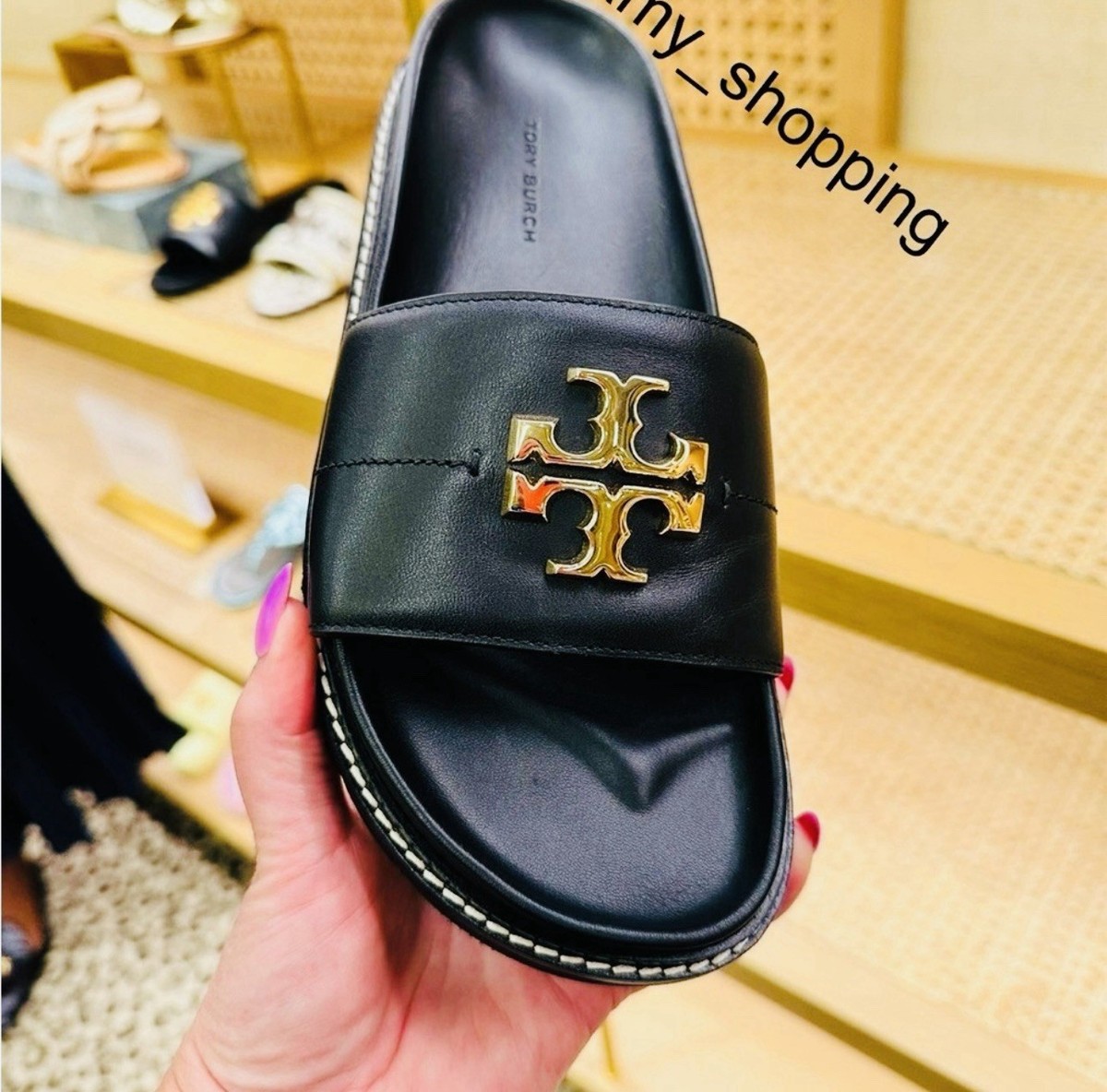 NIB Tory Burch Black Everly Anatomic Lug Slide Sandals Leather