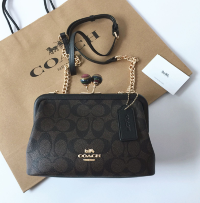 COACH Kiss Lock Logo CE617 Brown Black Multi 2way Hand Bag