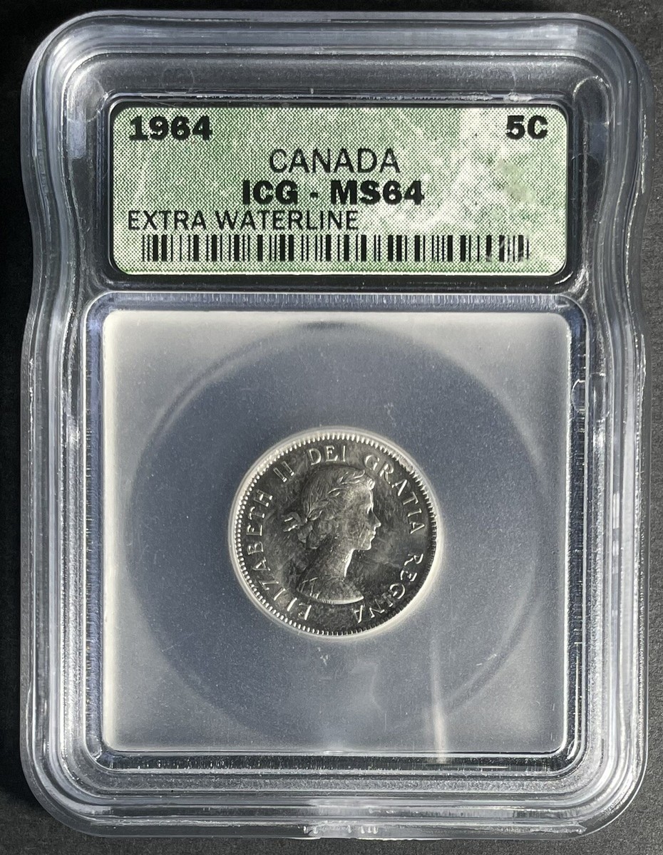 EXTREMELY RARE** CANADA 1964 5 CENTS EXTRA WATERLINE / ROTATED DIE