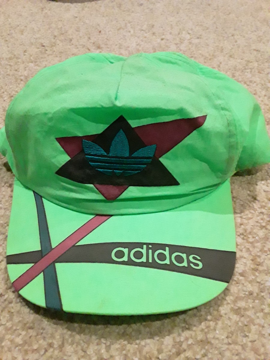 RARE 80s 90s ADIDAS neon green three stripe nylon snapback hat