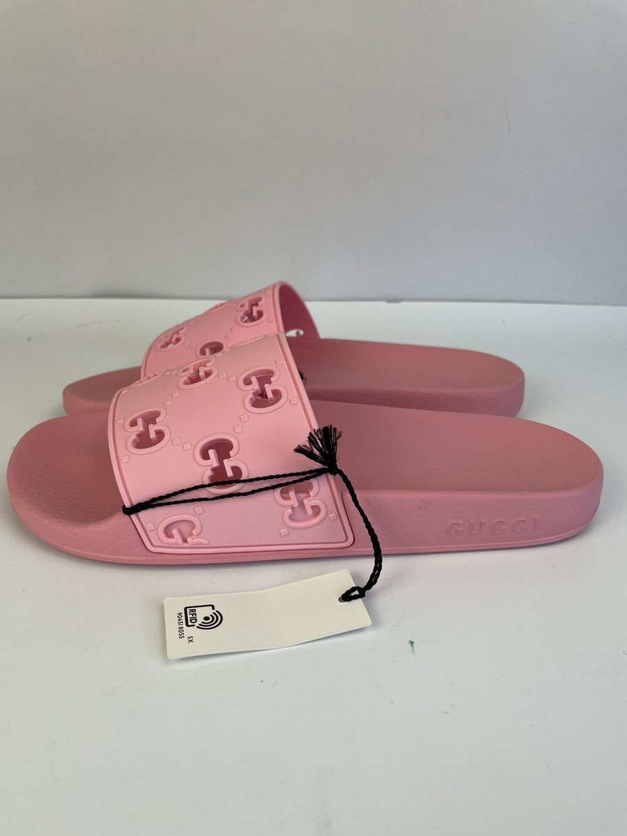 GUCCI 573922 Rubber Pursuit GG Rose Pink Slide Sandals Women's