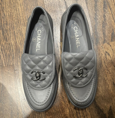 Chanel 21B Grey Quilted Flap Turnlock CC Logo Silver Mule Slip On