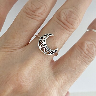 Sterling Silver Flower Moon Ring, Silver Ring, Crescent Moon Ring