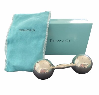 Tiffany & Co Sterling Silver Baby Rattle Large Bar Bell Box