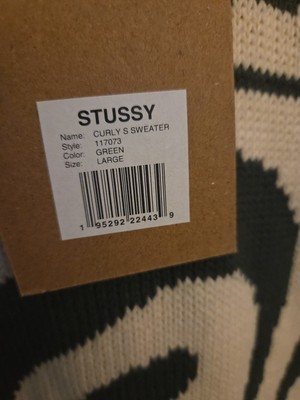 STUSSY CURLY S Logo Green Knit Sweater Size L Cotton Jacquard