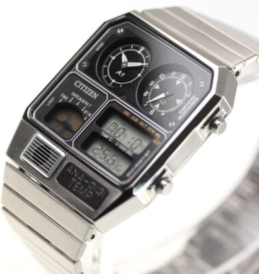 CITIZEN ANA-DIGI TEMP JG2101-78E Silver Watch 1980s Vintage