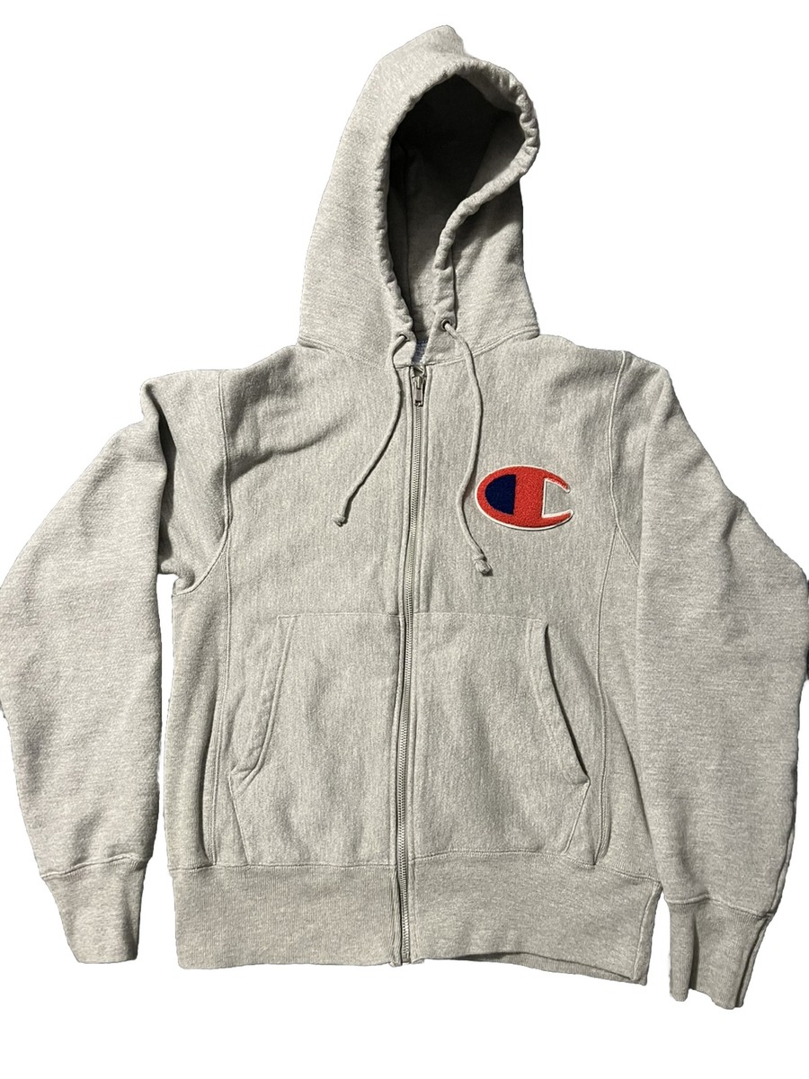 Men Unisex Reverse Weave Champion Logo Gray Full Zip Hoodie