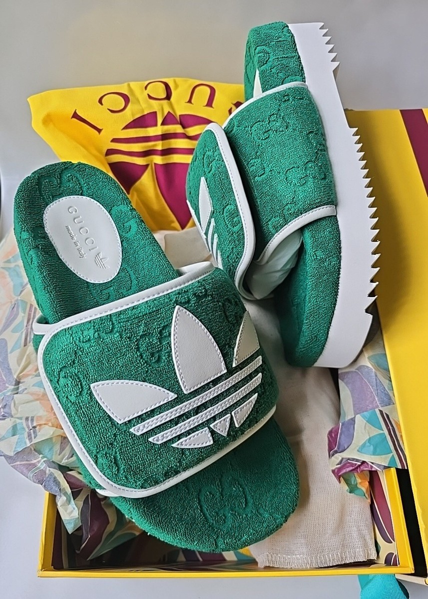 GUCCI x Adidas Supreme GG Logo Green White Slides 8.5 US ~ 8 UK