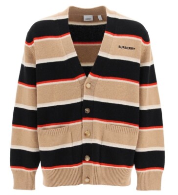 Burberry Logo Embroidered Striped Wool Cashmere Knit Cardigan
