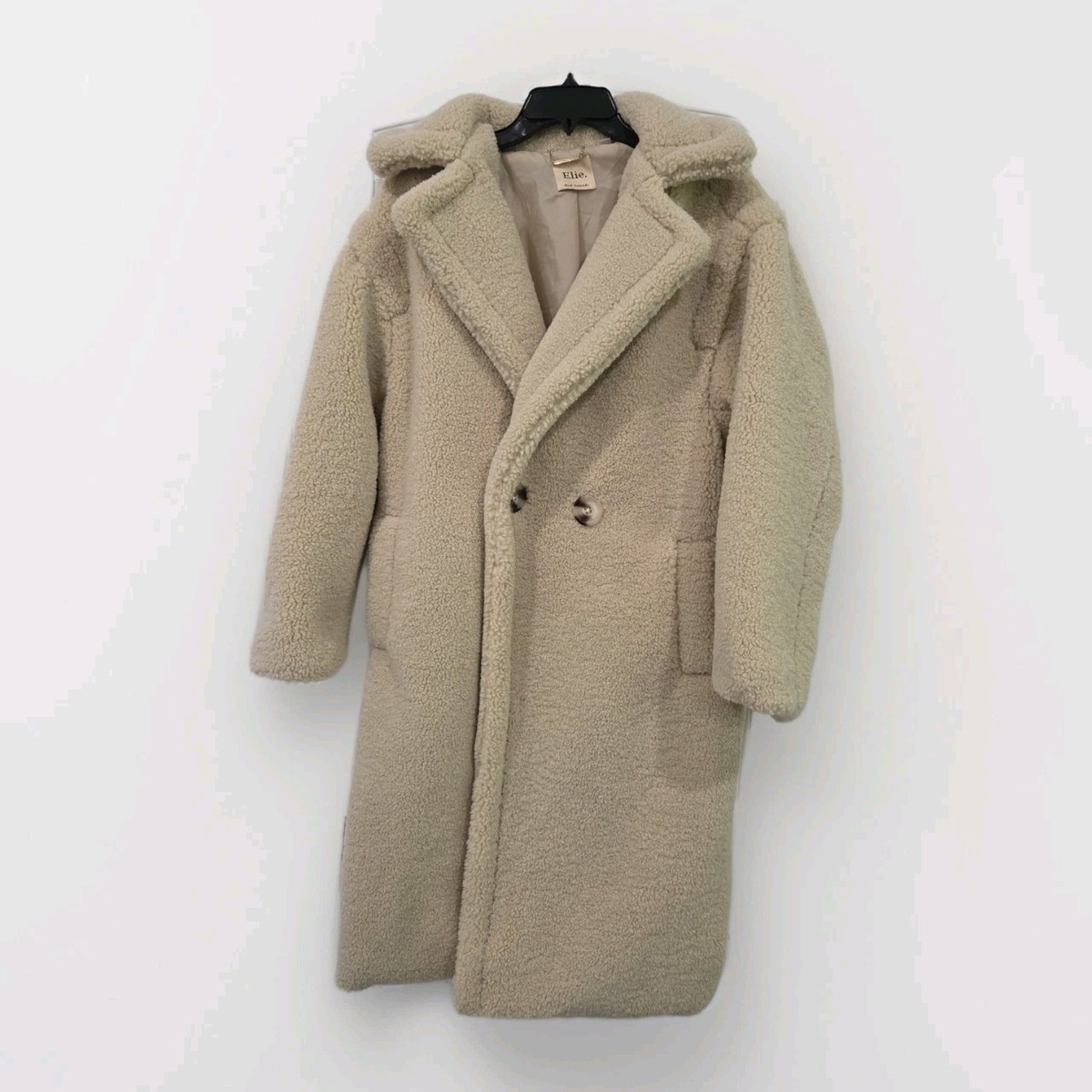 Elie Tahari Sherpa Teddy Coat Beige Double Breasted Long Fuzzy