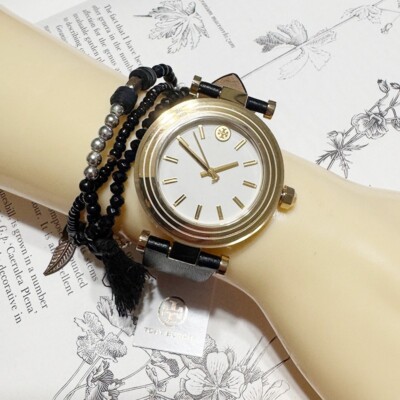 NWT! Authentic TORY BURCH Classic-T Ivory Dial Black Leather Strap