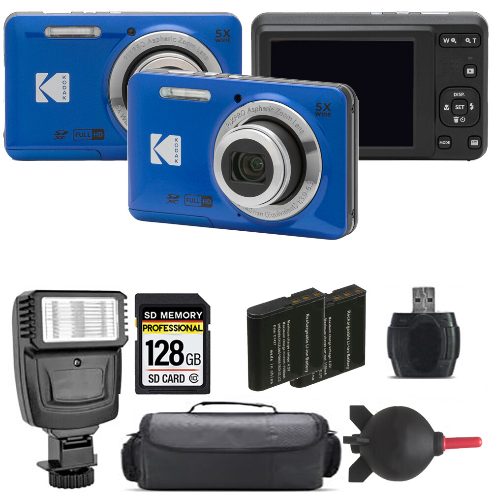 Kodak PIXPRO FZ55 Digital Camera (Blue) + Extra Battery + Flash
