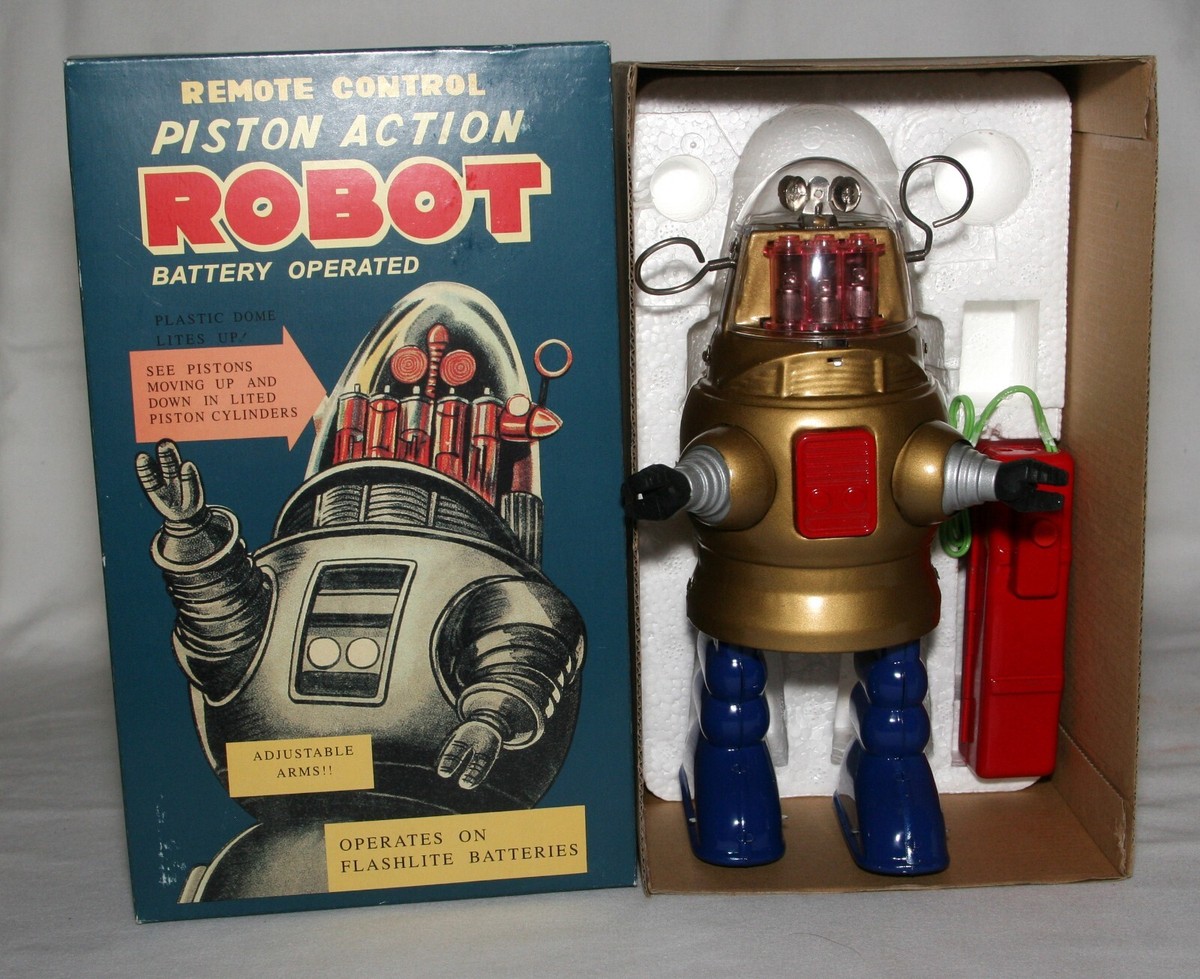 TR-2051 HA HA TOYS, REMOTE CONTROL, PISTON ACTION B/O ROBOT, GOLD