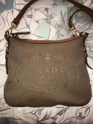 PRADA Brown Canvas Jacquard Logo Leather Crossbody Shoulder Bag