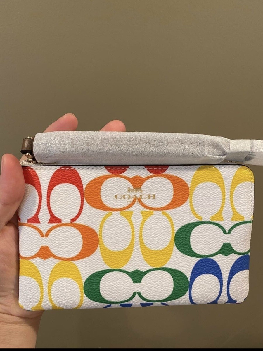 Coach Corner Zip Wristlet Rainbow Signature Canvas NEW 2021 Pride