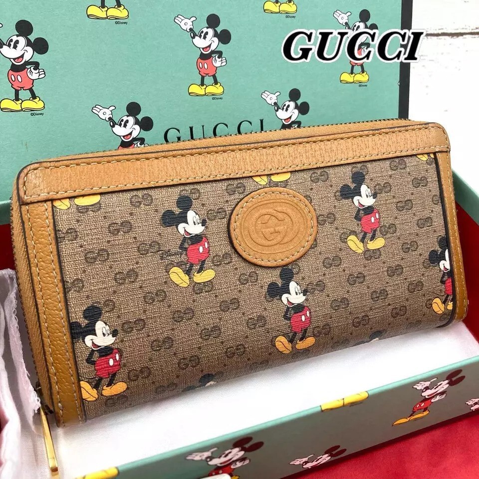 GUCCI GG Disney X Mickey Mouse Zip Around Wallet Tan Brown Italy