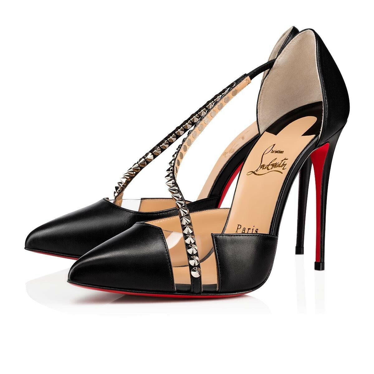 Christian Louboutin Spike Cross 100 Black PVC Silver Criss Strap