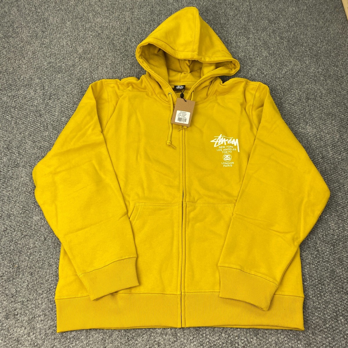 Stussy World Tour Zip Hoodie Mens XL Honey Yellow Sweatshirt NWT
