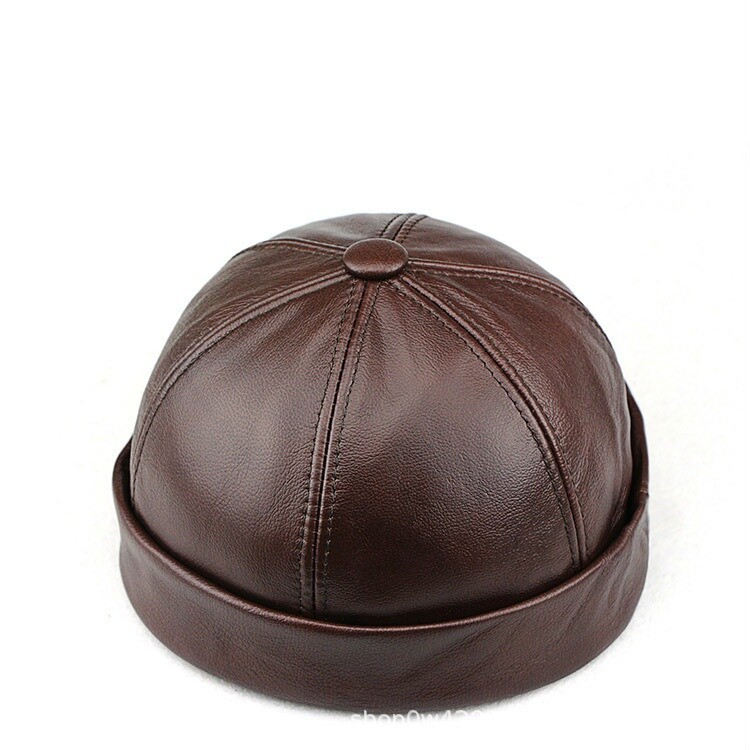 Men Women Leather Skullcap Sailor Cap Hat Beanie Rolled Cuff