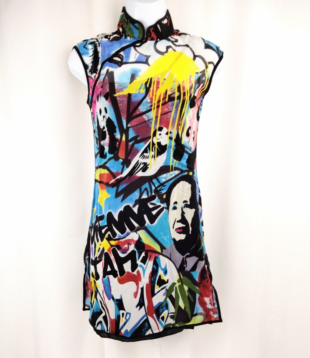 Vivienne Tam Graffiti Mao Dress Mandarin Collar Mesh Nylon