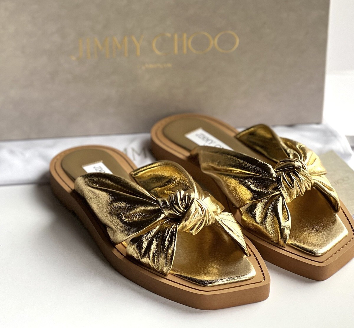 Jimmy Choo Tropica Knotted Metallic Leather Flat Slide Sandal Gold