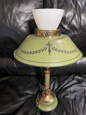 Vintage Brass Table Lamp With Metal & Milk Glass Shades - E-20773