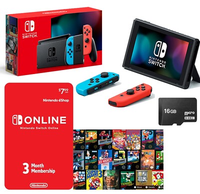 NEW Nintendo Switch Neon + 16GB SD & 3-Month Membership - Play 100