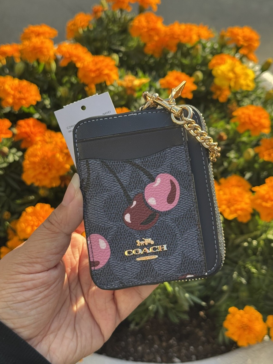 Coach CZ468 Zip Card Case Signature Cherry Mini Wallet Denim Multi